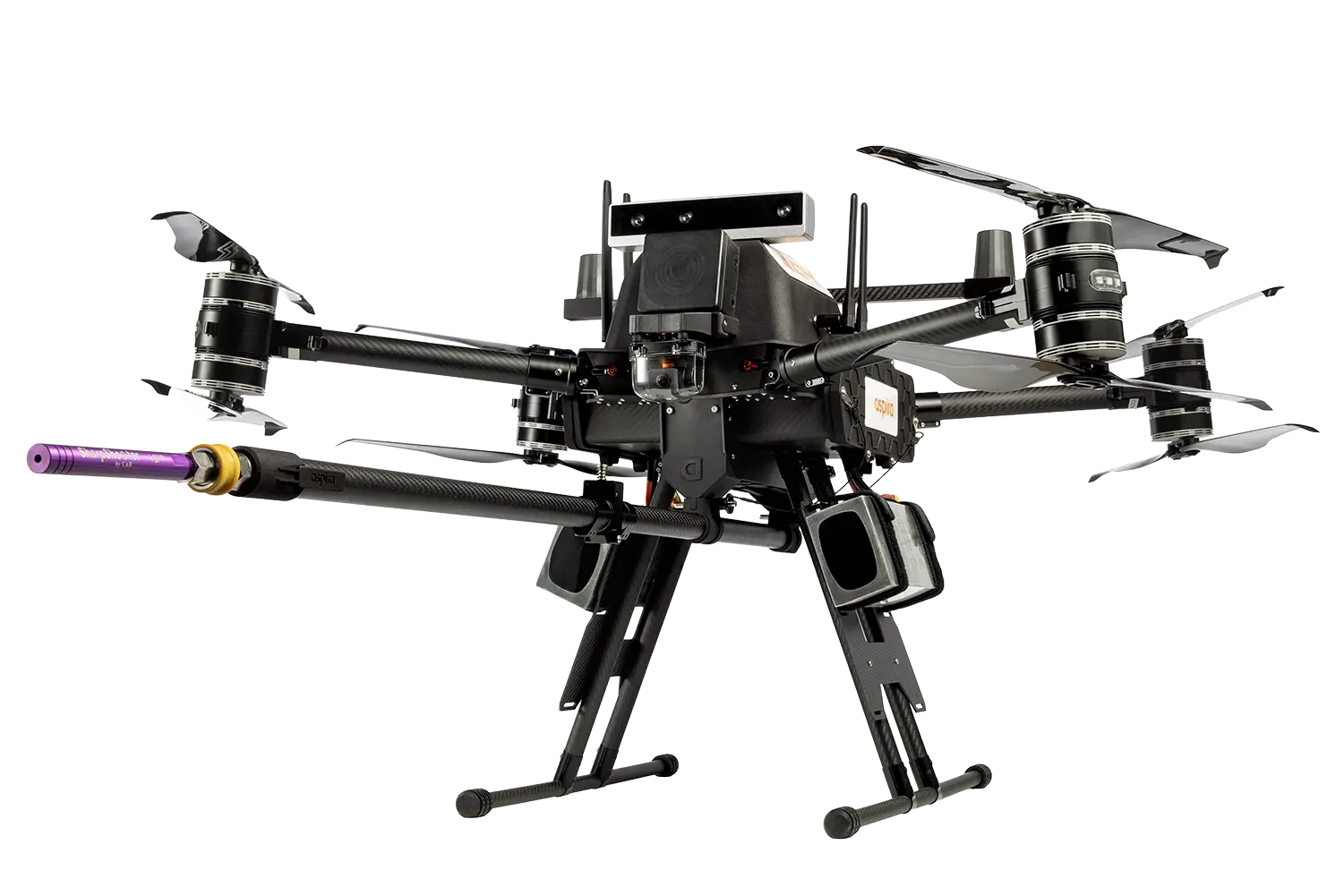 Drone with mounted device for cleaning tasks.